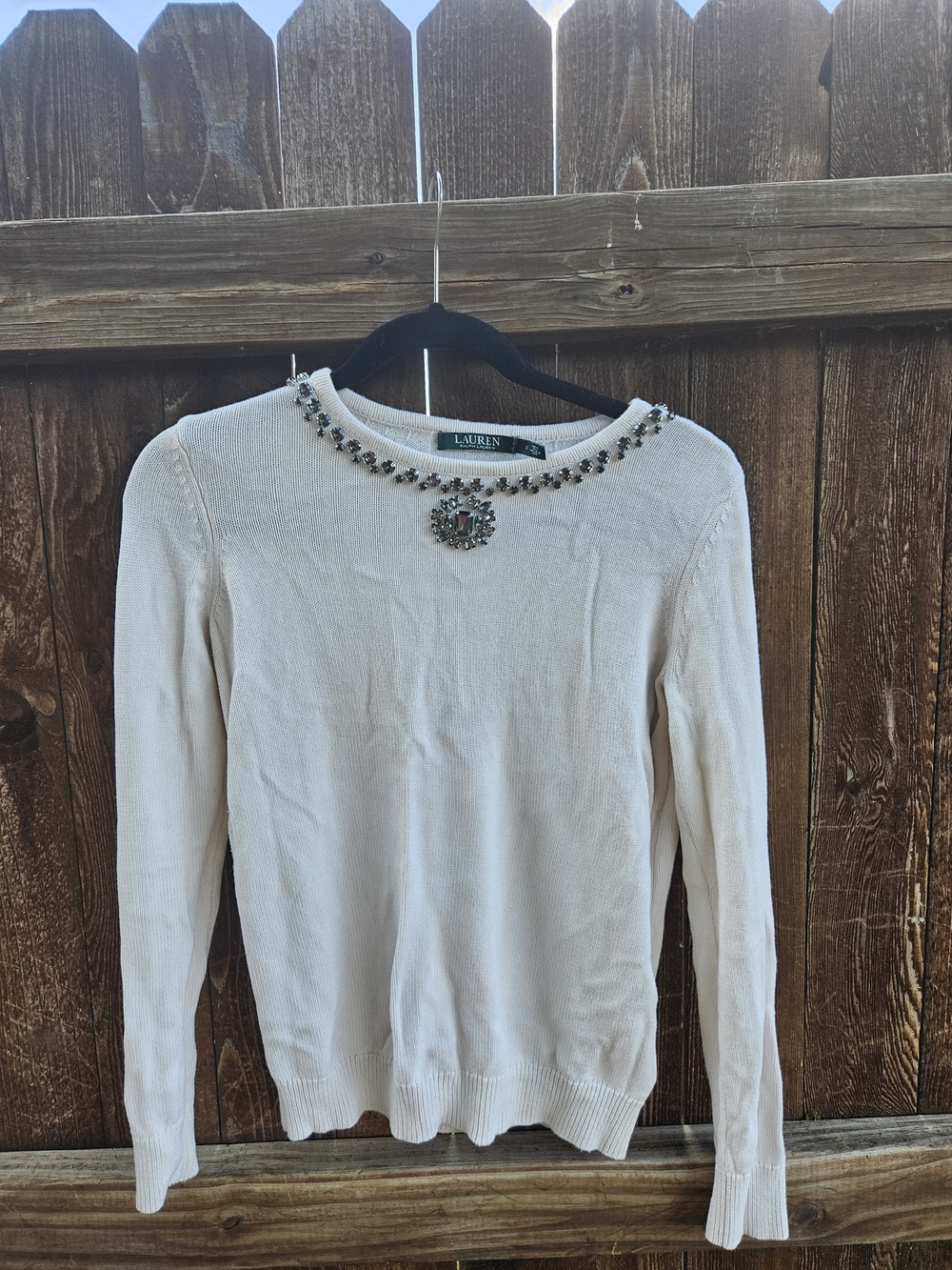 Lauren Ralph Lauren Cream Jeweled Crewneck Sweater